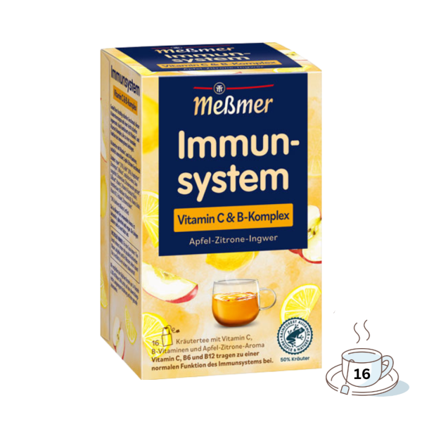 Meßmer Immunsystem Apfel­ Zitrone­ Ingwer, Vitamin C und B Komplex, Kraeutertee, Teebeutel im Kuvert, 2. Entnahmefach displaytauglich, 32g